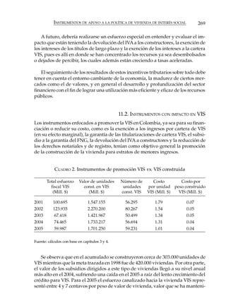 INSTRUMENTOS DE APOYO A LA POLÍTICA DE VIVIENDA DE INTERÉS SOCIAL          269

    A futuro, debería realizarse un esfuerzo especial en entender y evaluar el im-
pacto que están teniendo la devolución del IVA a los constructores, la exención de
los intereses de los títulos de largo plazo y la exención de los intereses a la cartera
VIS, pues es allí en donde se han concentrado los recursos ya sea desembolsados
o dejados de percibir, los cuales además están creciendo a tasas aceleradas.

   El seguimiento de los resultados de estos incentivos tributarios sobre todo debe
tener en cuenta el entorno cambiante de la economía, la madurez de ciertos mer-
cados como el de valores, y en general el desarrollo y profundización del sector
financiero con el fin de lograr una utilización más eficiente y eficaz de los recursos
públicos.


                                                11.2. INSTRUMENTOS CON IMPACTO EN VIS
Los instrumentos enfocados a promover la VIS en Colombia, ya sea para su finan-
ciación o reducir su costo, como es la exención a los ingresos por cartera de VIS
(en su efecto marginal), la garantía de las titularizaciones de cartera VIS, el subsi-
dio a la garantía del FNG, la devolución del IVA a constructores y la reducción de
los derechos notariales y de registro, tenían como objetivo general la promoción
de la construcción de la vivienda para estratos de menores ingresos.


            CUADRO 2. Instrumentos de promoción VIS vs. VIS construida

       Total esfuerzo      Valor de unidades    Número de       Costo       Costo por
         fiscal VIS          const. en VIS       unidades    por unidad peso construido
          (Mill. $)             (Mill. $)       const. VIS   VIS (Mill. $) VIS (Mill. $)

2001       100.695              1.547.155         56.295        1.79           0.07
2002       123.935              2.270.200         80.267        1.54           0.05
2003        67.418              1.421.967         50.499        1.34           0.05
2004        74.465              1.733.217         56.694        1.31           0.04
2005        59.987              1.701.250         59.231        1.01           0.04

Fuente: cálculos con base en capítulos 3 y 4.



    Se observa que en el acumulado se construyeron cerca de 303.000 unidades de
VIS mientras que la meta trazada en 1998 fue de 420.000 viviendas. Por otra parte,
el valor de los subsidios dirigidos a este tipo de viviendas llegó a su nivel anual
más alto en el 2004, sufriendo una caída en el 2005 a raíz del lento crecimiento del
crédito para VIS. Para el 2005 el esfuerzo canalizado hacia la vivienda VIS repre-
sentó entre 4 y 7 centavos por peso de valor de vivienda, valor que se ha manteni-
 