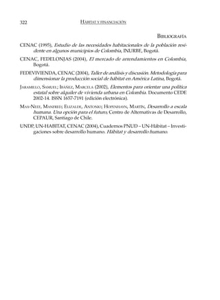 322                         HÁBITAT Y FINANCIACIÓN


                                                                 BIBLIOGRAFÍA
CENAC (1995), Estudio de las necesidades habitacionales de la población resi-
    dente en algunos municipios de Colombia, INURBE, Bogotá.
CENAC, FEDELONJAS (2004), El mercado de arrendamientos en Colombia,
    Bogotá.
FEDEVIVIENDA, CENAC (2004), Taller de análisis y discusión. Metodología para
    dimensionar la producción social de hábitat en América Latina, Bogotá.
JARAMILLO, SAMUEL; IBÁÑEZ, MARCELA (2002), Elementos para orientar una política
      estatal sobre alquiler de vivienda urbana en Colombia. Documento CEDE
      2002-14. ISSN 1657-7191 (edición electrónica).
MAX-NEEF, MANFRED; ELIZALDE, ANTONIO; HOPENHAYN, MARTÍN, Desarrollo a escala
     humana. Una opción para el futuro, Centro de Alternativas de Desarrollo,
     CEPAUR, Santiago de Chile.
UNDP, UN-HABITAT, CENAC (2004), Cuadernos PNUD – UN-Hábitat – Investi-
    gaciones sobre desarrollo humano. Hábitat y desarrollo humano.
 