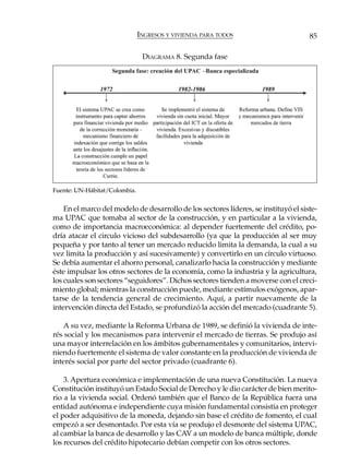 INGRESOS Y VIVIENDA PARA TODOS                        85

                                DIAGRAMA 8. Segunda fase




Fuente: UN-Hábitat/Colombia.


    En el marco del modelo de desarrollo de los sectores líderes, se instituyó el siste-
ma UPAC que tomaba al sector de la construcción, y en particular a la vivienda,
como de importancia macroeconómica: al depender fuertemente del crédito, po-
dría atacar el circulo vicioso del subdesarrollo (ya que la producción al ser muy
pequeña y por tanto al tener un mercado reducido limita la demanda, la cual a su
vez limita la producción y así sucesivamente) y convertirlo en un círculo virtuoso.
Se debía aumentar el ahorro personal, canalizarlo hacia la construcción y mediante
éste impulsar los otros sectores de la economía, como la industria y la agricultura,
los cuales son sectores “seguidores”. Dichos sectores tienden a moverse con el creci-
miento global; mientras la construcción puede, mediante estímulos exógenos, apar-
tarse de la tendencia general de crecimiento. Aquí, a partir nuevamente de la
intervención directa del Estado, se profundizó la acción del mercado (cuadrante 5).

   A su vez, mediante la Reforma Urbana de 1989, se definió la vivienda de inte-
rés social y los mecanismos para intervenir el mercado de tierras. Se produjo así
una mayor interrelación en los ámbitos gubernamentales y comunitarios, intervi-
niendo fuertemente el sistema de valor constante en la producción de vivienda de
interés social por parte del sector privado (cuadrante 6).

    3. Apertura económica e implementación de una nueva Constitución. La nueva
Constitución instituyó un Estado Social de Derecho y le dio carácter de bien merito-
rio a la vivienda social. Ordenó también que el Banco de la República fuera una
entidad autónoma e independiente cuya misión fundamental consistía en proteger
el poder adquisitivo de la moneda, dejando sin base el crédito de fomento, el cual
empezó a ser desmontado. Por esta vía se produjo el desmonte del sistema UPAC,
al cambiar la banca de desarrollo y las CAV a un modelo de banca múltiple, donde
los recursos del crédito hipotecario debían competir con los otros sectores.
 