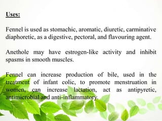 Uses:
Fennel is used as stomachic, aromatic, diuretic, carminative
diaphoretic, as a digestive, pectoral, and flavouring agent.
Anethole may have estrogen-like activity and inhibit
spasms in smooth muscles.
Fennel can increase production of bile, used in the
treatment of infant colic, to promote menstruation in
women, can increase lactation, act as antipyretic,
antimicrobial and anti-inflammatory.
 