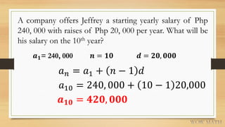 A company offers Jeffrey a starting yearly salary of Php
240, 000 with raises of Php 20, 000 per year. What will be
his salary on the 10th year?
𝒂 𝟏= 240, 000 𝒏 = 𝟏𝟎 𝒅 = 𝟐𝟎, 𝟎𝟎𝟎
𝑎 𝑛 = 𝑎1 + 𝑛 − 1 𝑑
𝑎10 = 240, 000 + 10 − 1 20,000
𝒂 𝟏𝟎 = 𝟒𝟐𝟎, 𝟎𝟎𝟎
 
