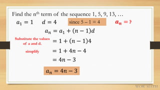 Find the nth term of the sequence 1, 5, 9, 13, …
𝑎1 = 1 𝑑 = 4 since 5 – 1 = 4
𝑎 𝑛 = 𝑎1 + 𝑛 − 1 𝑑
= 1 + 𝑛 − 1 4
= 1 + 4𝑛 − 4
𝑎 𝑛 = 4𝑛 − 3
𝒂 𝒏 = ?
= 4𝑛 − 3
simplify
Substitute the values
of a and d.
 