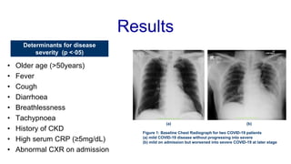 Results
• Older age (>50years)
• Fever
• Cough
• Diarrhoea
• Breathlessness
• Tachypnoea
• History of CKD
• High serum CRP...