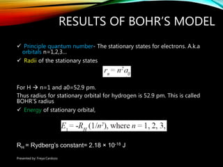 RESULTS OF BOHR’S MODEL
 Principle quantum number- The stationary states for electrons. A.k.a
orbitals n=1,2,3…
 Radii o...