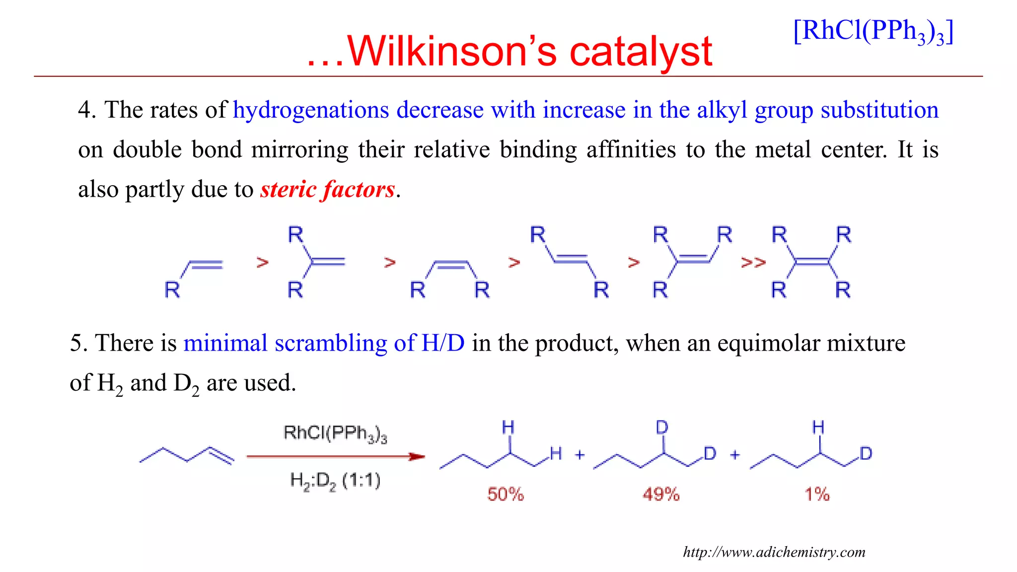 …Wilkinson’s catalyst
4. The rates of hydrogenations decrease with increase in the alkyl group substitution
on double bond mirroring their relative binding affinities to the metal center. It is
also partly due to steric factors.
5. There is minimal scrambling of H/D in the product, when an equimolar mixture
of H2 and D2 are used.
[RhCl(PPh3)3]
http://www.adichemistry.com
 
