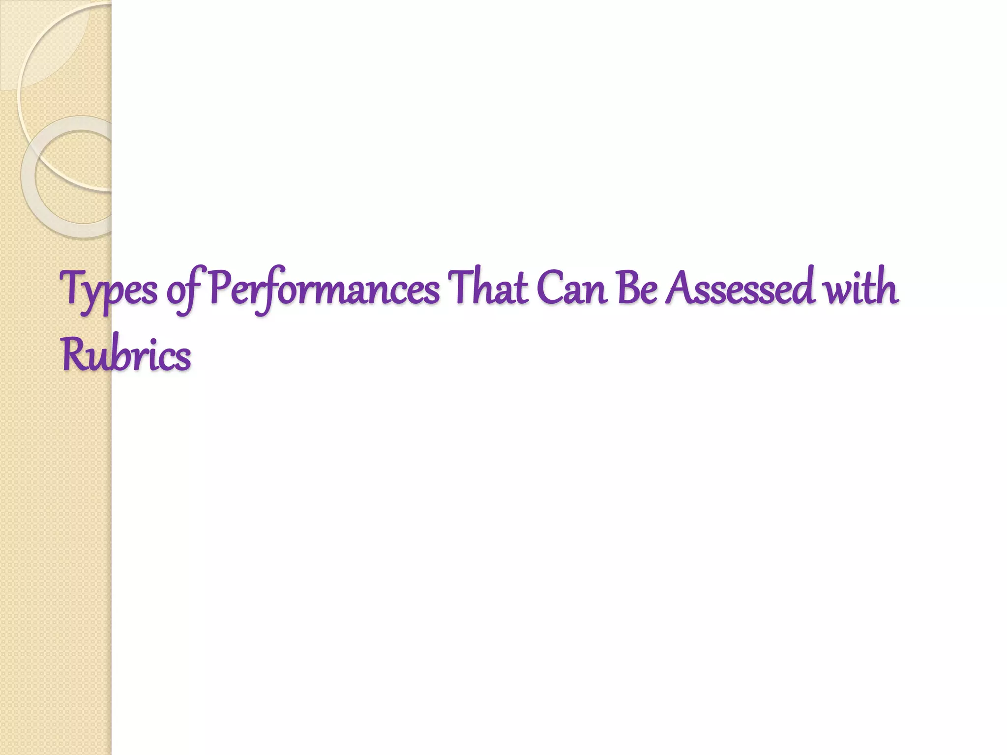 Types of Performances That Can Be Assessed with
Rubrics
 
