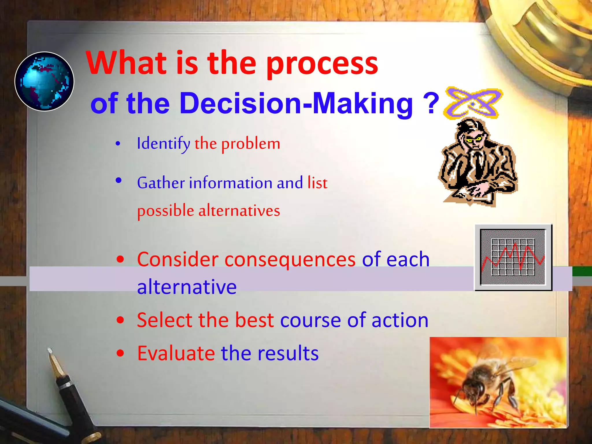 What is the process
• Identify the problem
• Gather information and list
possible alternatives
• Consider consequences of each
alternative
• Select the best course of action
• Evaluate the results
of the Decision-Making ?
 