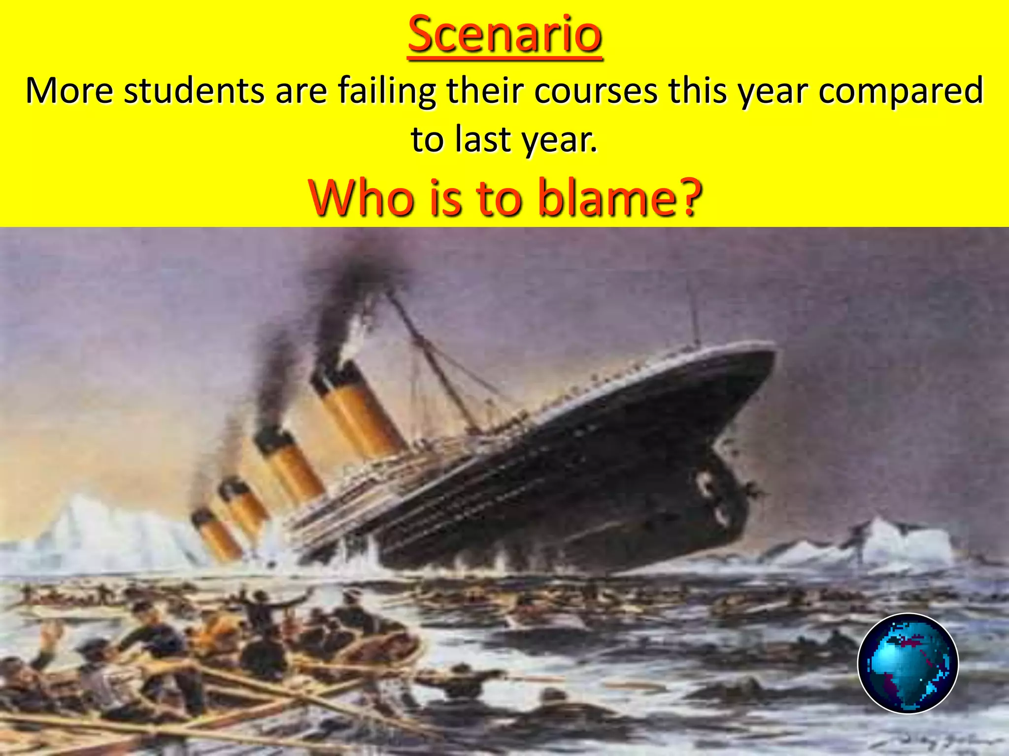 Scenario
More students are failing their courses this year compared
to last year.
Who is to blame?
 