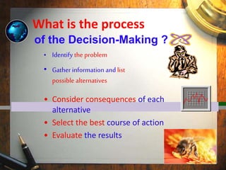 What is the process
• Identify the problem
• Gather information and list
possible alternatives
• Consider consequences of each
alternative
• Select the best course of action
• Evaluate the results
of the Decision-Making ?
 