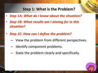 Step 1: What is the Problem?
• Step 1A: What do I know about the situation?
• Step 1B: What results am I aiming for in this
situation?
• Step 1C: How can I define the problem?
– View the problem from different perspectives.
– Identify component problems.
– State the problem clearly and specifically.
 