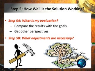 Step 5: How Well Is the Solution Working?
• Step 5A: What is my evaluation?
– Compare the results with the goals.
– Get other perspectives.
• Step 5B: What adjustments are necessary?
 