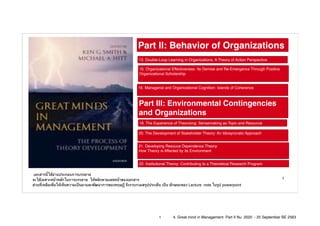 1
Part II: Behavior of Organizations
13. Double-Loop Learning in Organizations: A Theory of Action Perspective
15. Organizational Effectiveness: Its Demise and Re-Emergence Through Positive
Organizational Scholarship 
16. Managerial and Organizational Cognition: Islands of Coherence 
20. The Development of Stakeholder Theory: An Idiosyncratic Approach 
21. Developing Resouce Dependence Theory:
How Theory is Affected by its Environment 
22. Institutional Theroy: Contributing to a Theoretical Research Program
Part III: Environmental Contingencies
and Organizations
19. The Experience of Theorizing: Sensemaking as Topic and Resource
เอกสารนี้ใช้อ่านประกอบการบรรยาย
จะใช้เฉพาะหน้าหลักในการบรรยาย ให้พลิกตามเลขหน้าของเอกสาร
ส่วนที่เหลือเพื่อให้เห็นความเป็นมาและพัฒนาการของทฤษฏี จึงรวบรวมสรุปประเด็น เป็น ลักษณะของ Lecture note ในรูป powerpoint
1 4. Great mind in Management Part II Nu 2020 - 25 September BE 2563
 
