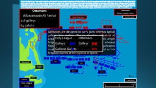 Müezzinzade Pasha deploys his fleet in five divisions, three being pre-committed to fight at his dense center. His left wing has the most room to maneuver and thus equipped
with many with smaller, more agile galiots. He plans to preserve his center while one or both of his wings defeat their opposition and envelop the Holy League line. Juan deploys
his fleet in four divisions, one being a reserve. Juan strengthens his center with both quantity and quality of galleys and allows his lethal galleasses to sail ahead of the main line
to thin out the Ottoman ranks with their greater firepoer. He plans to crush the Ottoman center while his wings prevent his own center from being outflanked. Overall, the Holy
League galleys are larger and boast more firepower but are slower than their Ottoman counterparts. Both Müezzinzade and Juan command from the center of their lines.
Holy League
(Juan)
Mehmet Suluk
As both fleets sail towards each other, Barbarigo’s galleasses pulverize Mehmet Suluk’s galleys and disrupt their formation. Mehmet Suluk
adapts by sending the galleys on his extreme right to round the inshore flank of Barbarigo’s galleys, knowing the Holy League captains are less
accustomed to the area and more fearful of running ashore. The rest of the Ottoman right wing follows and is able to concentrate against only
half of the Holy League left wing.
Doria
Bazan
Barbarigo
Juan
Müezzinzade Pasha
Uluj Ali
Mehmet Suluk is punishing the Holy League left wing until its other half swings around to engage in battle and Bazan sends reinforcements from
the reserve. Barbarigo is mortally wounded and must cede command to Contarini who is then killed and succeeded by Nani. Juan’s center
galleasses decimate the Ottoman galleys with a murderous fire before close combat. Meanwhile, Uluj Ali is straining the Holy League right by
deploying his surplus of ships in line, forcing Doria to stretch his own line to match the length of the Ottoman line. This inevitably creates gaps.
In the north, Nani turns the tide by killing Mehmet Suluk and trapping the Ottoman galleys against the shore. In the center, the heftier Holy
League galleys are inflicting heavy losses while a duel between the two flagships develops; both commanders funnel all available men into this
battle. Bazan sends reinforcements from the reserve to ensure steady pressure against the Ottoman flagship. In the south, Uluj Ali continues to
deploy ships and force Doria to strain his line; the Holy League right wing is drifting dangerously further from the center.
Trapped against the shore and without a leader, the Ottoman right wing is in the process of annihilation. The Ottoman center continues to suffer grievous losses but remains
intact. Fifteen captains of Doria’s extreme left believe he is betraying the Holy League by ignoring the fierce engagement in the center so they break formation to join the fray,
creating a sizeable gap in the Holy League right wing. Uluj Ali seizes this opportunity to charge the gap, destroying most of the wandering galleys on the way. Juan’s right flank is
suddenly threatened but Bazan sends the last of the reserve to try and contain the gap. Doria meanwhile rushes to engage the rest of his division but cannot fully do so.
The remainder of the Ottoman right wing runs aground and the crews abandon their galleys for land. Meanwhile,
Müezzinzade Pasha is finally killed and his flagship overrun just as Doria engages the Ottoman left wing. Uluj Ali realizes
the situation is futile and escapes westward with thirty galleys. The remaining Ottoman galleys flee in small contingents.
Holy League
(Don Juan ofAustria)
202 galleys
6 galeasses
Ottomans
(MüezzinzadeAli Pasha)
216 galleys
64 galiots
Contarini
Nani
Holy League Reserve
(DonÁlvaro de Bazan)
38 galleys
Ottoman RightWing
(Mehmet Suluk Pasha)
60 galleys 2
galiots
Holy League Center
(Don Juan ofAustria)
62 galleys 2
galeasses
Holy League LeftWing
(Agostin Barbarigo)
53 galleys 2
galeasses
Holy League RightWing
(GianAndrea Doria)
54 galleys 2
galeasses
Ottoman Center
(MüezzinzadeAli Pasha)
95 galleys 30
galiots
Ottoman LeftWing
(Uluj Ali Pasha)
61 galleys 32
galiots
Holy League LeftWing
(Frederigo Nani)
53 galleys 2
galeasses
Galleass
NN
0 5 10 km
Symbol guide
Ottomans
(Müezzinzade Pasha)
Malcantone
Gulf of Patras
Oxia
Scropha
Point
Landmarks
Galleasses are designed to carry guns whereas typical
galleys carry soldiers. The six Venetian galleasses at
Lepanto are relatively experimental but pack ample
firepower: they carry fourty heavy guns whereas
flagship galleys carry only five. However, galleasses
must be towed into battle by two galleys and so this
firepower comes at the expense of speed.
Holy League Ottomans
Galleys Galleys
Galleass Galiots
 