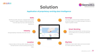 abodoo.com | 7
Location
Capture data on the key skills, industry, earnings
and demand for remote working of a town or
area.
Industry
Analyse leading industries, volumes trends.
Skills
Identify top skills, discover untapped skills, locate
clusters in region, measure trends and growth.
Granular search across a skill and years of
experience
Big Data
Additional macro talent data can be automated
for instant dynamic searching
Smart Working
Measure the demand for remote working
versus office and co-working and identify
clusters.
Earnings
Pull reports on the earnings related to key skills
across the region to compare average incomes in
region to global market.
Solution
Application of proprietary and big data intelligence
 