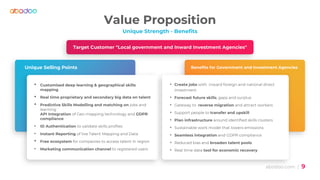 abodoo.com | 9
Value Proposition
Unique Strength - Benefits
Unique Selling Points Benefits for Government and Investment Agencies
• Customised deep learning & geographical skills
mapping
• Real time proprietary and secondary big data on talent
• Predictive Skills Modelling and matching on jobs and
learning
API Integration of Geo-mapping technology and GDPR
compliance
• ID Authentication to validate skills profiles
• Instant Reporting of live Talent Mapping and Data
• Free ecosystem for companies to access talent in region
• Marketing communication channel to registered users
• Create jobs with inward foreign and national direct
investment
• Forecast future skills, gaps and surplus
• Gateway to reverse migration and attract workers
• Support people to transfer and upskill
• Plan infrastructure around identified skills clusters
• Sustainable work model that lowers emissions
• Seamless integration and GDPR compliance
• Reduced bias and broaden talent pools
• Real time data tool for economic recovery
Target Customer "Local government and Inward Investment Agencies"
 