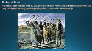 Europeans soon realized that, by using enslaved Native Americans and later enslaved Africans,
they could grow wealthy by raising sugar, tobacco, and other valuable crops.
 