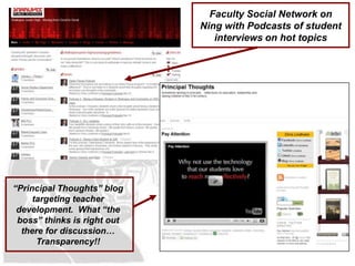 Faculty Social Network on
                             Ning with Podcasts of student
                                interviews on hot topics




“Principal Thoughts” blog
     targeting teacher
 development. What “the
 boss” thinks is right out
  there for discussion…
      Transparency!!
 
