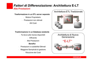Fattori di Differenziazione: Architettura E-LT
Alte Prestazioni
                                                  Architettura ETL Tradizionale
                                                  •

Trasformazione in un ETL server separato
                                                         Extract       Transform    Load
                  •        Motore Proprietario
              •       Prestazioni non ottimali
                             •    Alti Costi




 Trasformazione in un Database esistente
         •   Fa leva sulle risorse disponibili           Architettura di Nuova
                             •   Efficiente                  Generazione
                       •    Alte Prestazioni                       “E-LT”
                                                                      LT”
                                 Benefici
                                                      Transform                     Transform
     •       Prestazioni e scalabilità Ottimali                    Extract   Load

     •       Maggiore Semplicità di gestione
                  •        Riduzione dei Costi
 