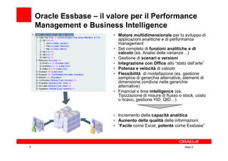 Oracle Essbase – il valore per il Performance
    Management e Business Intelligence
                         • Motore multidimensionale per lo sviluppo di
                           applicazioni analitiche e di performance
                           management
                         • Set completo di funzioni analitiche e di
                           calcolo (es. Analisi delle varianze…)
                         • Gestione di scenari e versioni
                         • Integrazione con Office allo “stato dell’arte”
                         • Potenza e velocità di calcolo
                         • Flessibilità di modellazione (es. gestione
                           semplice di gerarchie alternative, elementi di
                           dimensione condivisi nelle gerarchie
                           alternative)
                         • Financial e time intelligence (es.
                           Tipizzazione di misure di flusso o stock, costo
                           o ricavo, gestione YtD, QtD…)


                         • Incremento della capacità analitica
                         • Aumento della qualità delle informazioni
                         • “Facile come Excel, potente come Essbase”



5                                                             Slide 5
 