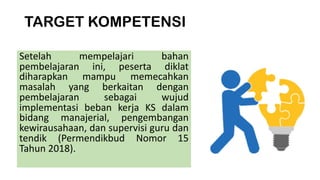 TARGET KOMPETENSI
Setelah mempelajari bahan
pembelajaran ini, peserta diklat
diharapkan mampu memecahkan
masalah yang berkaitan dengan
pembelajaran sebagai wujud
implementasi beban kerja KS dalam
bidang manajerial, pengembangan
kewirausahaan, dan supervisi guru dan
tendik (Permendikbud Nomor 15
Tahun 2018).
 