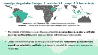 Investigación global en 3 etapas: 1. revisión  2. campo  3. herramienta
• Muchos/as organizadores/as de FMA reconocieron...