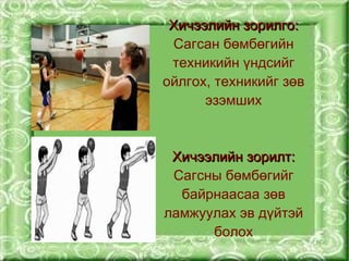 Хичээлийн зорилго:
     Сагсан бөмбөгийн
     техникийн үндсийг
    ойлгох, техникийг зөв
          эзэмших



     Хичээлийн зорилт:
     Сагсны бөмбөгийг
      байрнаасаа зөв
   ламжуулах эв дүйтэй
         болох
 