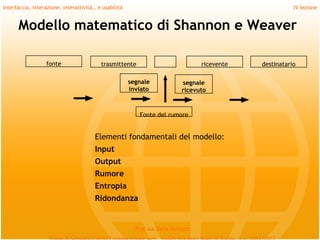 Interfaccia, interazione, interattività… e usabilità                                                      IV lezione


      Modello matematico di Shannon e Weaver

                  fonte                   trasmittente                             ricevente   destinatario

                                                       segnale              segnale
                                                       inviato              ricevuto


                                                          Fonte del rumore


                                        Elementi fondamentali del modello:
                                        Input
                                        Output
                                        Rumore
                                        Entropia
                                        Ridondanza


                                                         Prof.ssa Daria Santucci
 