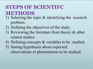 STEPS OF SCIENTIFC
METHODS
1) Selecting the topic & identifying the research
problem.
2) Defining the objectives of the study.
3) Reviewing the literature from theory & other
related studies.
4) Defining concepts & variables to be studied.
5) Stating hypothesis about expected.
observations or phenomenon to be studied.
7
 