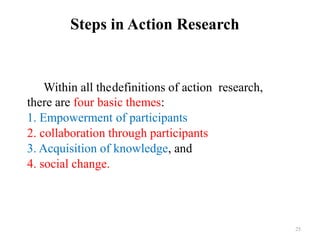 Steps in Action Research
Within all thedefinitions of action research,
there are four basic themes:
1. Empowerment of participants
2. collaboration through participants
3. Acquisition of knowledge, and
4. social change.
25
 