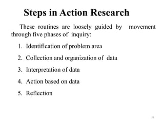 Steps in Action Research
These routines are loosely guided by movement
through five phases of inquiry:
1. Identification of problem area
2. Collection and organization of data
3. Interpretation of data
4. Action based on data
5. Reflection
26
 
