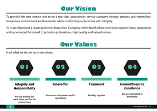 Our Vision
To provide the best service and to be a top class geosciences service company through process and technology
innovation, commitment and teamwork; while conducting our business with integrity.
To make Algeoland a Leading Seismic Acquisition Company within North Africa. Incorporating new ideas, equipment
and experienced Personnel to provide a professional, high quality and valued service.
Our Values
In all what we do, we carry our values:
01 02 03 04
Integrity and
Responsibility
For our actions, for
each other, and for the
environment
Innovation
Innovation in business and in
operations
Teamwork
Working together
Committment to
Excellence
We are committed to
excellence
www.algeoland.com8
 