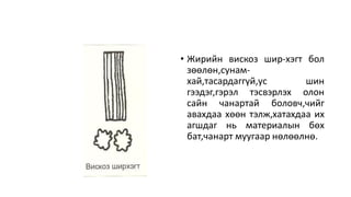 • Жирийн вискоз шир-хэгт бол
зөөлөн,сунам-
хай,тасардаггүй,ус шин
гээдэг,гэрэл тэсвэрлэх олон
сайн чанартай боловч,чийг
авахдаа хөөн тэлж,хатахдаа их
агшдаг нь материалын бөх
бат,чанарт муугаар нөлөөлнө.
 