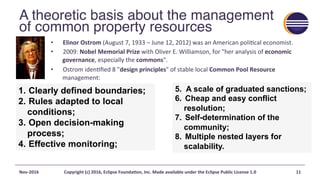 A theoretic basis about the management  
of common property resources	
•  Elinor	Ostrom	(August	7,	1933	–	June	12,	2012)	was	an	American	poli@cal	economist.	
•  2009:	Nobel	Memorial	Prize	with	Oliver	E.	Williamson,	for	"her	analysis	of	economic	
governance,	especially	the	commons".		
•  Ostrom	iden@ﬁed	8	"design	principles"	of	stable	local	Common	Pool	Resource	
management:	
1.  Clearly defined boundaries;
2.  Rules adapted to local
conditions;
3.  Open decision-making
process;
4.  Effective monitoring;
Nov-2016	 Copyright	(c)	2016,	Eclipse	FoundaAon,	Inc.	Made	available	under	the	Eclipse	Public	License	1.0	 11	
5.  A scale of graduated sanctions;
6.  Cheap and easy conflict
resolution;
7.  Self-determination of the
community;
8.  Multiple nested layers for
scalability.
 