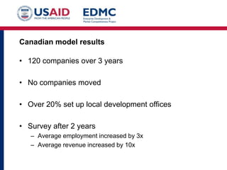 Canadian model results

• 120 companies over 3 years
• No companies moved
• Over 20% set up local development offices
• Survey after 2 years
– Average employment increased by 3x
– Average revenue increased by 10x

 