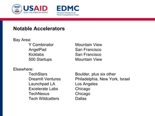 Notable Accelerators
Bay Area:
Y Combinator
AngelPad
Kicklabs
500 Startups

Mountain View
San Francisco
San Francisco
Mountain View

Elsewhere:
TechStars
DreamIt Ventures
Launchpad LA
Excelerate Labs
TechNexus
Tech Wildcatters

Boulder, plus six other
Philadelphia, New York, Israel
Los Angeles
Chicago
Chicago
Dallas

 