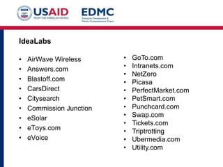 IdeaLabs
•
•
•
•
•
•
•
•
•

AirWave Wireless
Answers.com
Blastoff.com
CarsDirect
Citysearch
Commission Junction
eSolar
eToys.com
eVoice

•
•
•
•
•
•
•
•
•
•
•
•

GoTo.com
Intranets.com
NetZero
Picasa
PerfectMarket.com
PetSmart.com
Punchcard.com
Swap.com
Tickets.com
Triptrotting
Ubermedia.com
Utility.com

 