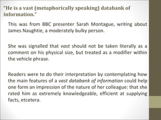 “He is a vast (metaphorically speaking) databank of
information.”
This was from BBC presenter Sarah Montague, writing about
James Naughtie, a moderately bulky person.
She was signalled that vast should not be taken literally as a
comment on his physical size, but treated as a modifier within
the vehicle phrase.
Readers were to do their interpretation by contemplating how
the main features of a vast databank of information could help
one form an impression of the nature of her colleague: that she
rated him as extremely knowledgeable, efficient at supplying
facts, etcetera.

 