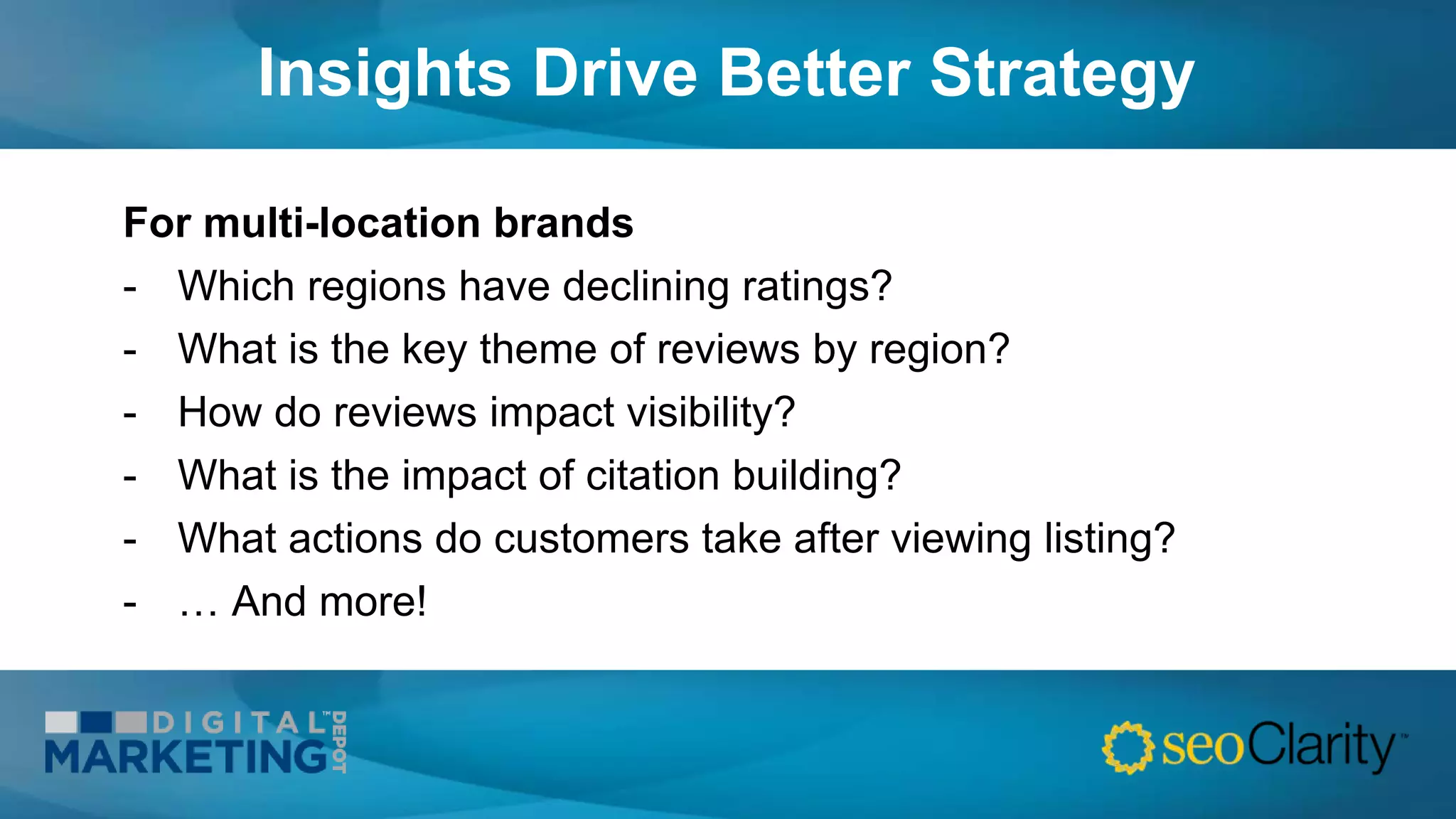 Insights Drive Better Strategy
For multi-location brands
- Which regions have declining ratings?
- What is the key theme of reviews by region?
- How do reviews impact visibility?
- What is the impact of citation building?
- What actions do customers take after viewing listing?
- … And more!
 