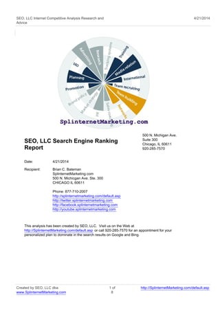 SEO, LLC Internet Competitive Analysis Research and 
Advice 
4/21/2014 
SEO, LLC Search Engine Ranking 
Report 
500 N. Michigan Ave. 
Suite 300 
Chicago, IL 60611 
920-285-7570 
Date: 4/21/2014 
Recipient: Brian C. Bateman 
SplinternetMarketing.com 
500 N. Michicgan Ave. Ste. 300 
CHICAGO IL 60611 
Phone: 877-710-2007 
http://splinternetmarketing.com/default.asp 
http://twitter.splinternetmarketing.com 
http://facebook.splinternetmarketing.com 
http://youtube.splinternetmarketing.com 
This analysis has been created by SEO, LLC. Visit us on the Web at 
http://SplinternetMarketing.com/default.asp or call 920-285-7570 for an appointment for your 
personalized plan to dominate in the search results on Google and Bing. 
Created by SEO, LLC dba 
www.SplinternetMarketing.com 
1 of 
8 
http://SplinternetMarketing.com/default.asp 
 