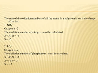 The sum of the oxidation numbers of all the atoms in a polyatomic ion is the charge
of the ion.
1. NO3
-
Oxygen is -2
The oxidation number of nitrogen must be calculated
X+ 3(-2) = -1
X= +5
2. PO4
3-
Oxygen is -2
The oxidation number of phosphorous must be calculated
X+ 4(-2) = -3
X= (-8) = -3
X = +5
 