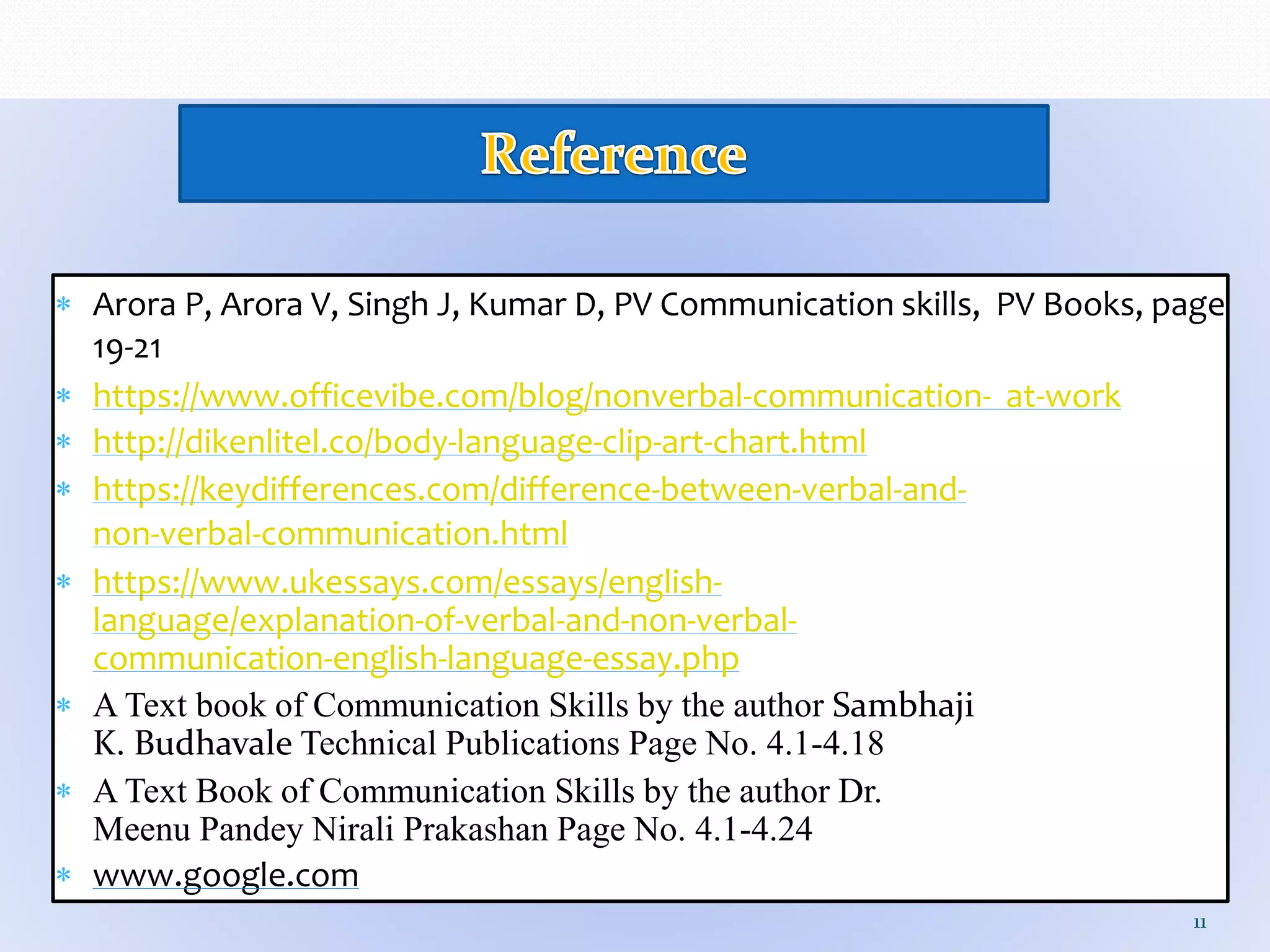  Arora P, Arora V, Singh J, Kumar D, PV Communication skills, PV Books, page
19-21
 https://www.officevibe.com/blog/nonverbal-communication- at-work
 http://dikenlitel.co/body-language-clip-art-chart.html
 https://keydifferences.com/difference-between-verbal-and-
non-verbal-communication.html
 https://www.ukessays.com/essays/english-
language/explanation-of-verbal-and-non-verbal-
communication-english-language-essay.php
 A Text book of Communication Skills by the author Sambhaji
K. Budhavale Technical Publications Page No. 4.1-4.18
 A Text Book of Communication Skills by the author Dr.
Meenu Pandey Nirali Prakashan Page No. 4.1-4.24
 www.google.com
11
 