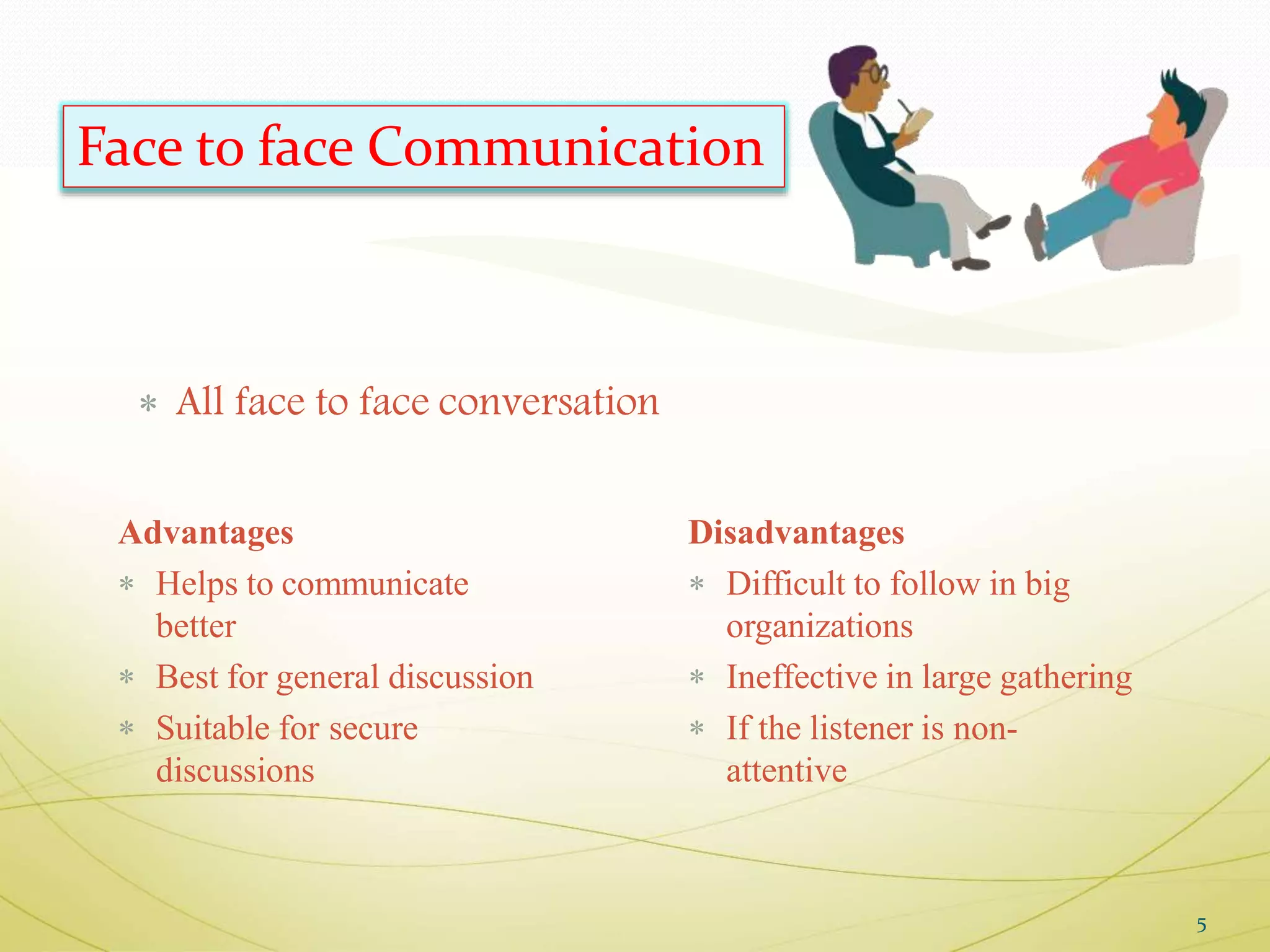  All face to face conversation
Advantages
 Helps to communicate
better
 Best for general discussion
 Suitable for secure
discussions
Disadvantages
 Difficult to follow in big
organizations
 Ineffective in large gathering
 If the listener is non-
attentive
5
Face to face Communication
 
