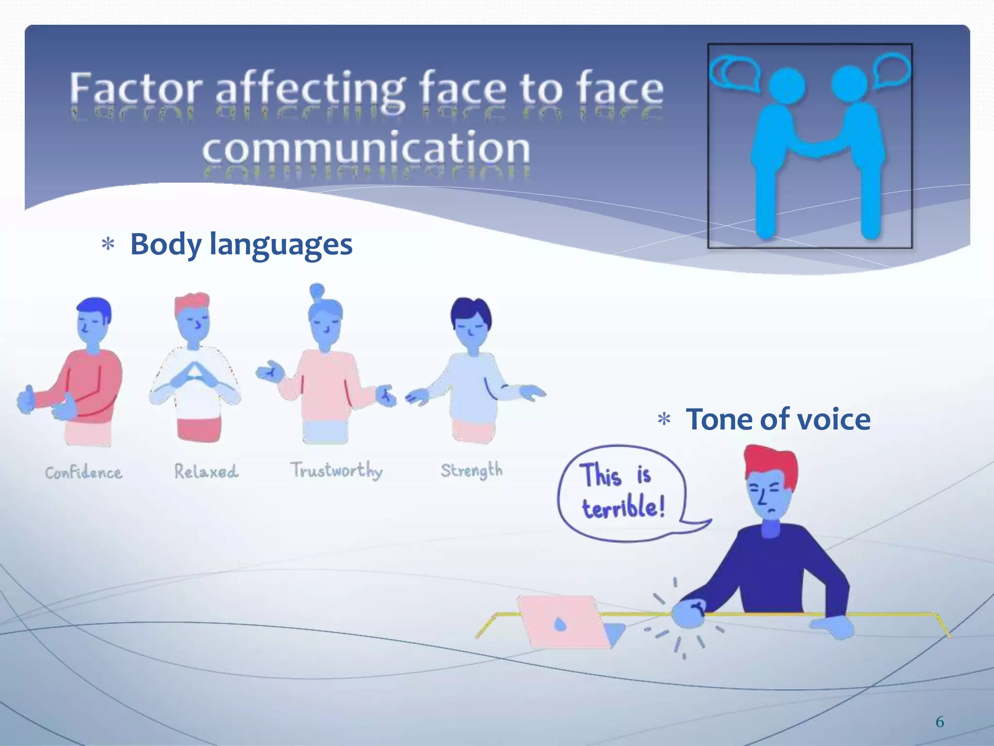 Tone of voice
 Body languages
6
 