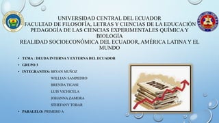UNIVERSIDAD CENTRAL DEL ECUADOR
FACULTAD DE FILOSOFÍA, LETRAS Y CIENCIAS DE LA EDUCACIÓN
PEDAGOGÍA DE LAS CIENCIAS EXPERIMENTALES QUÍMICA Y
BIOLOGÍA
REALIDAD SOCIOECONÓMICA DEL ECUADOR, AMÉRICA LATINA Y EL
MUNDO
• TEMA : DEUDA INTERNAY EXTERNA DEL ECUADOR
• GRUPO 3
• INTEGRANTES: BRYAN MUÑOZ
WILLIAN SAMPEDRO
BRENDA TIGASI
LUIS VICHICELA
JOHANNA ZAMORA
STHEFANY TOBAR
• PARALELO: PRIMERO A
 