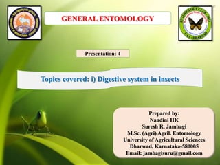 Prepared by:
Nandini HK
Suresh R. Jambagi
M.Sc. (Agri) Agril. Entomology
University of Agricultural Sciences
Dharwad, Karnataka-580005
Email: jambagisuru@gmail.com
GENERAL ENTOMOLOGY
Topics covered: i) Digestive system in insects
Presentation: 4
 