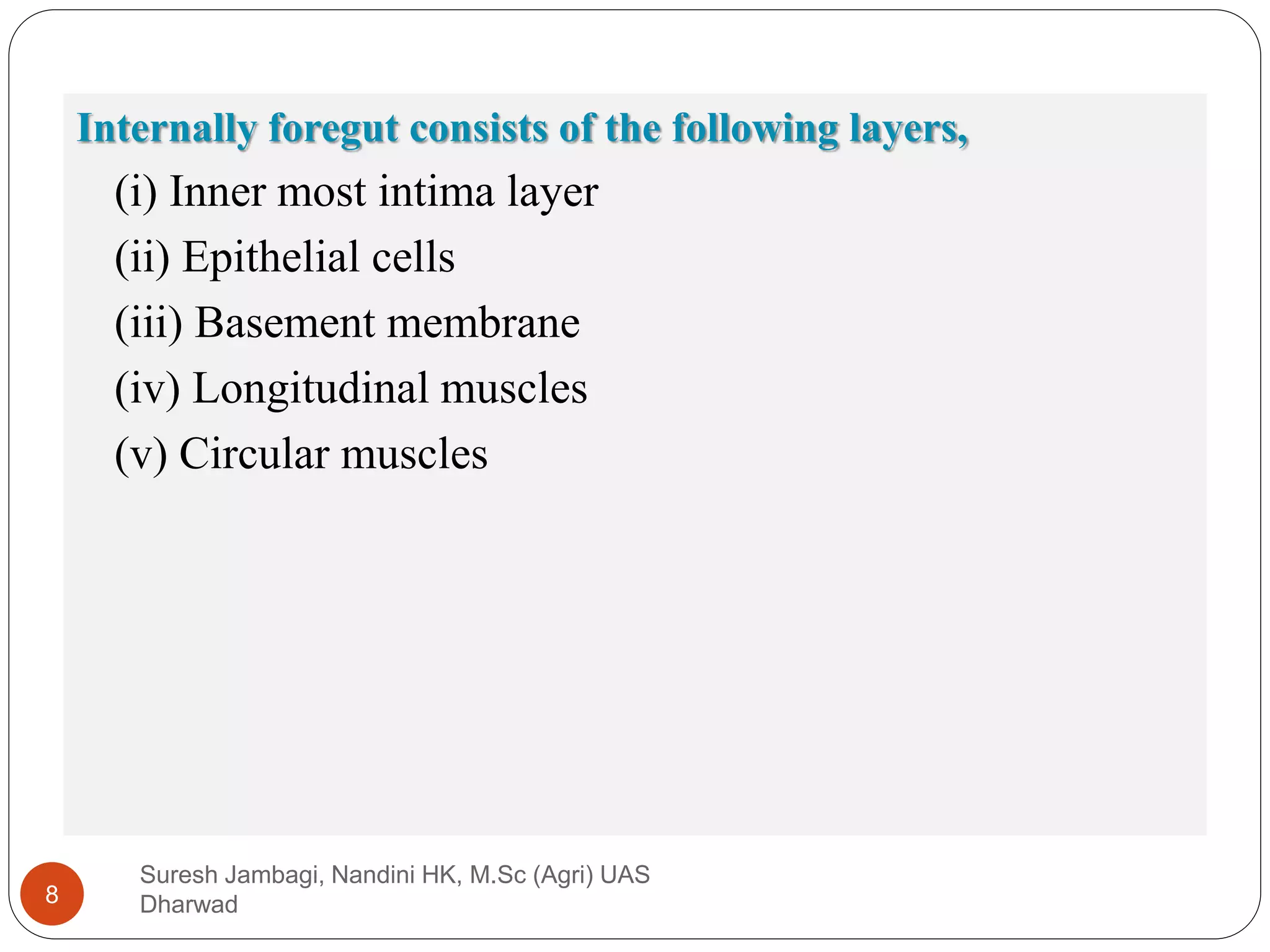 Internally foregut consists of the following layers,
(i) Inner most intima layer
(ii) Epithelial cells
(iii) Basement membrane
(iv) Longitudinal muscles
(v) Circular muscles
Suresh Jambagi, Nandini HK, M.Sc (Agri) UAS
Dharwad
8
 