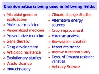 Bioinformatics is being used in following fields:
 Microbial genome
applications
 Molecular medicine
 Personalized medicine
 Preventative medicine
 Gene therapy
 Drug development
 Antibiotic resistance
 Evolutionary studies
 Waste cleanup
 Biotechnology
 Climate change Studies
 Alternative energy
sources
 Crop improvement
 Forensic analysis
 Bio-weapon creation
 Insect resistance
 Improve nutritional quality
 Devp. of Drought resistant
varieties
 Vetinary Science
 