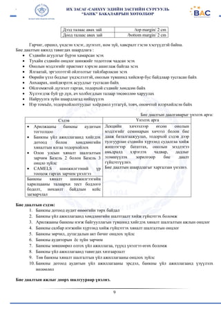 9
Дээд талаас авах зай /top margin/ 2 cm
Доод талаас авах зай /bottom margin/ 2 cm
Гарчиг, оршил, үндсэн хэсэг, дүгнэлт, ном зүй, хавсралт гэсэн хэсгүүдтэй байна.
Бие даалтын ажилд тавигдах шаардлага :
 Сэдвийн агуулгыг бүрэн хамарсан эсэх
 Тухайн сэдвийн онцлог шинжийг тодотгож чадсан эсэх
 Онолын мэдлэгийг практикт хэрхэн ашиглаж байгаа эсэх
 Ялгаатай, эргэлзээтэй ойлголтыг тайлбарласан эсэх
 Өөрийн үзэл бодлыг үндэслэлтэй, онолын түвшинд хийсвэр бус байдлаар тусгасан байх
 Анхаарах, шийдвэрлэх асуудлыг тусгасан байх
 Ойлгомжтой дүгнэлт гарган, тодорхой сэдвийг хөндсөн байх
 Хүлээгдэж буй үр дүн, ач холбогдлын талаар төсөөллөө харуулах
 Найруулга зүйн шаардлагад нийцүүлэх
 Нэр томъёо, тодорхойлолтуудыг хоёрдмол утгагүй, товч, оновчтой илэрхийлсэн байх
Бие даалтын даалгаварыг үнэлэх арга:
Сэдэв Үнэлэх арга
 Арилжааны банкны аудитын
тогтолцоо
 Банкны үйл ажиллагаанд хийгдэх
дотоод болон хөндлөнгийн
хяналтын ялгаа тодорхойлох
 Олон улсын хяналт шалгалтын
зарчим Базель 2 болон Базель 3
онцло зүйлс
 CAMELS шинжилгээний үр
тооцож гаргах зарчим үнэлгээ
Лекцийн хичээлээр өгсөн онолын
мэдлэгийг семинарын хичээл болон бие
дааж баталгаажуулах, тодорхой сэдэв дээр
тулгуурлан сэдвийн хүрээнд судалгаа хийж
жишээгээр бататгах, онолын мэдлэгээ
амьдралд хэрэглэх чадвар, дадлыг
эзэмшүүлэх зорилгоор бие даалт
гүйцэтгүүлнэ.
Бие даалтын шаардлагыг харгалзан үнэлнэ.
Банкны хяналт шинжилгээгийн
харилцааны талаархи тест бодлого
бодолт, нөхцөлт байдлын кейс
загварчлал
Бие даалтын сэдэв:
1. Банкны дотоод аудит өнөөгийн төрх байдал
2. Банкны үйл ажиллагаанд хөндлөнгийн шалтгаалт хийж гүйцэтгэх боломж
3. Арилжааны банкны нэгж байгууллагын түвшинд хийгдэх хяналт шалгалтын ажлын онцлог
4. Банкны салбар нэгжийн хүрээнд хийж гүйцэтгэх хяналт шалгалтын онцлог
5. Банкны зөрчил, дутагдалын акт бичиг онцлох зүйлс
6. Банкны аудиторын ёс зүйн зарчим
7. Банкны зөвшөөрөл олгох үйл ажиллагаа, түүнд үнэлгээ өгөх боломж
8. Банкны үйл ажиллагаанд тавигдах хязгаарлалт
9. Төв банкны хяналт шалгалтын үйл ажиллагааны онцлох зүйлс
10. Банкны дотоод аудитын үйл ажиллагааны эрсдэл, банкны үйл ажиллагаанд үзүүлэлх
нөлөөлөл
Бие даалтын ажлыг доорх шалгуураар үнэлнэ.
 