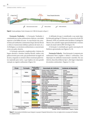 72
GEOPARQUES DO BRASIL / PROPOSTAS · volume I
Formação Tombador – A Formação Tombador é
constituída por rochas sedimentares clásticas, com idade
superior a um bilhão de anos. As suas feições são carac-
terísticas de ambientes continentais (leque aluvial, fluvial
e eólico) e transicionais (deltaico, planície de maré, etc.).
As litologias e as estruturas sedimentares a caracterizam
como um paleo-deserto.
A formação apresenta conglomerados (sistema de
leques aluviais) e arenitos (sistema fluvial), ambos com
paleocorrentes para oeste, que predominam na região sul
da área, enquanto os arenitos eólicos mostram paleoven-
tos soprando para norte, o que implica em uma grande
variação no registro sedimentar (Figura 14).
A definição do que é considerado a sua seção-tipo,
foi feita pelo geólogo J.C Branner, no inicio do século XX
(Branner, 1910), no caminho entre Jacobina e Caatinga do
Moura; este caminho seguia aproximadamente o mesmo
trajeto da atual rodovia BR-324 (Figura 10).
A formação é constituída por quatro associações de
litofácies apresentadas nas Figuras 9 e 10.
Formação Caboclo – Esta formação é composta por
sedimentos finos (argilito e siltito) e carbonatos, com
deposição em ambiente transicional e marinho. Em seu
interior, duas discordâncias tipo 1, dão lugar à deposição
de arenitos continentais (Figuras 11 e 12a).
16
Figura 8 - Seção geológica. Fonte: Sampaio et al, 1998. Ver locação na figura 7.
Figura 9 - Associações de litofácies que integram os grupos Chapada Diamantina e Una, na região entre a escarpa do Tombador
e a cidade de Irecê.
 
