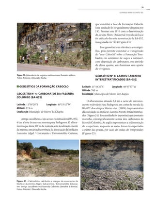 79
GEOPARQUE MORRO DO CHAPÉU (BA)
Geossítios da Formação Caboclo
GEOSSÍTIO N° 4: CARBONATOS DA FAZENDA
COLOMBO (BA-052)
Latitude: 11°39’20”S	 Longitude: 40°53’42”W
Altitude: 919 m
Localização: Município de Morro do Chapéu
Antigacascalheira,cujoacessoestásituadonaBA-052,
6 km a leste do entroncamento para Fedegosos. O aflora-
mento que dista 300 m da rodovia, está localizado a norte
da mesma, em área decorrência da associação de litofácies
Laminito Algal / Calcarenito / Estromatólito Colunar,
Figura 22 - Alternância de registros sedimentares fluviais e eólicos.
Fotos: Antonio J. Dourado Rocha.
Figuras 23 - Calcissiltito, calcilutito e margas da associação de
litofácies Laminito Algal / Calcarenito / Estromatólito Colunar,
em antiga cascalheira na fazenda Colombo (detalhe à direita).
Fotos: Antonio J. Dourado Rocha.
que constitui a base da Formação Caboclo.
Essa unidade foi originalmente descrita por
J C. Branner em 1910 com a denominação
de Jacuipe Flints. O material retirado do local
foi utilizado durante a construção da BA-052,
inaugurada em 1974 (Figura 23).
Esse geossítio tem relevância estratigrá-
fica, pois permite constatar a transgressão
do “mar Caboclo” sobre a Formação Tom-
bador, em ambiente de supra a submaré,
com deposição de carbonatos, em período
de clima quente, em domínios sem aporte
de terrígenos.
GEOSSÍTIO N° 5: LAMITO / ARENITO
INTERESTRATIFICADOS (BA-052)
Latitude: 11°38’20”S	 Longitude: 40°57’57”W
Altitude: 760 m
Localização: Município de Morro do Chapéu
O afloramento, situado 2,8 km a oeste do entronca-
mento rodoviário para Fedegosos, em cortes de estrada da
BA-052, descrito por Silveira et al., (1989), é representativo
daassociaçãodalitofáciesLamito/ArenitoInterestratifica-
dos (Figura 24). Essa unidade foi depositada em contexto
marinho, estratigraficamente acima dos carbonatos da
fazenda Colombo. As argilas representam a sedimentação
de tempo bom, enquanto as areias foram transportadas
a partir das praias, por ação de ondas de tempestades
(Figuras 25).
 